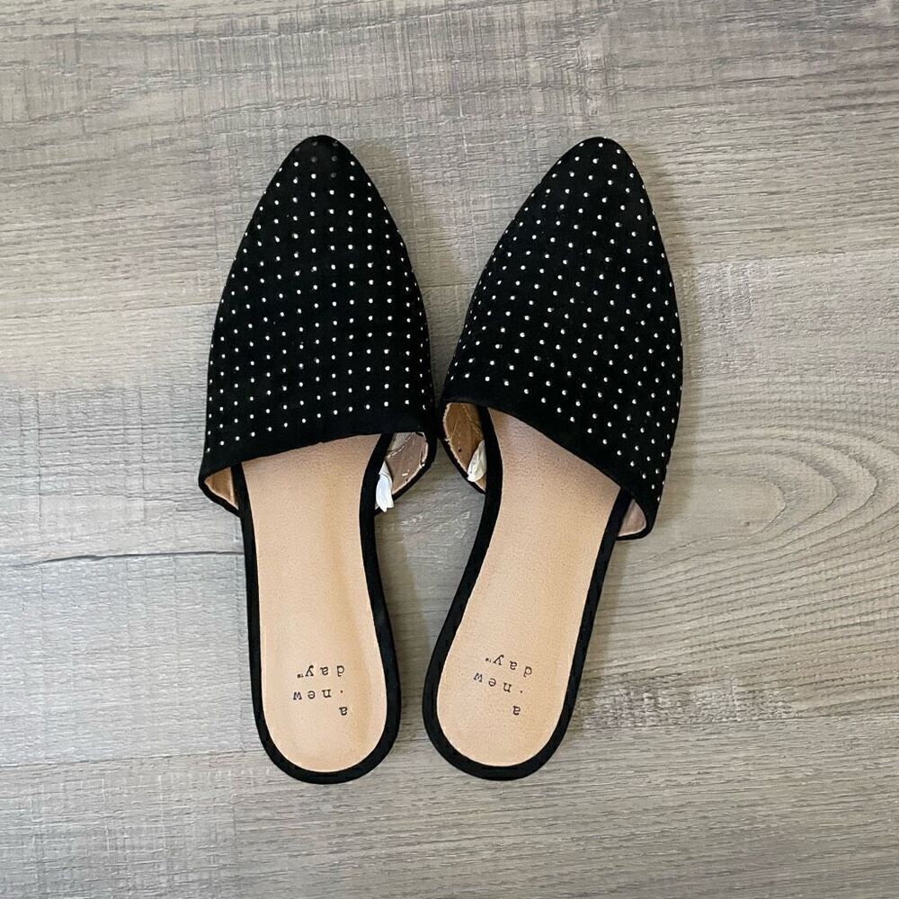 A New Day Black Faux Suede Studded Mules Size 6
